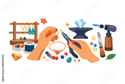 Hands crafting jewelry with tools and materials, creating beautiful accessories