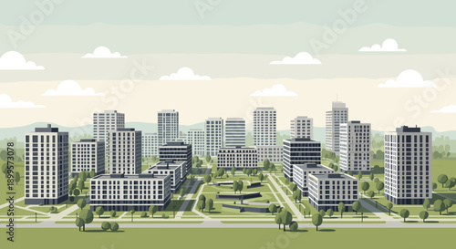 Modern cityscape with trees and skyline in flat style