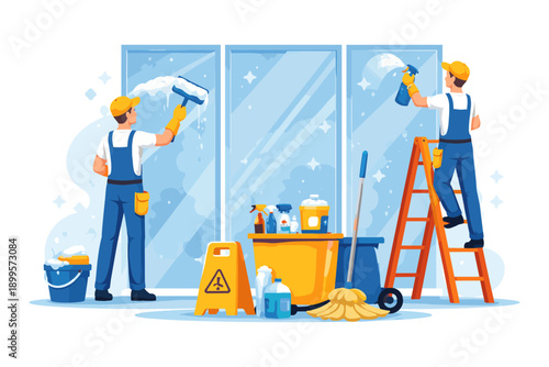 Professional window cleaners using squeegees and spray bottles to clean glass surfaces