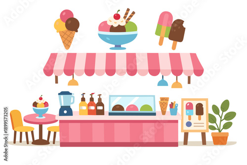 Cute cartoon ice cream stand with various frozen treats and toppings displayed