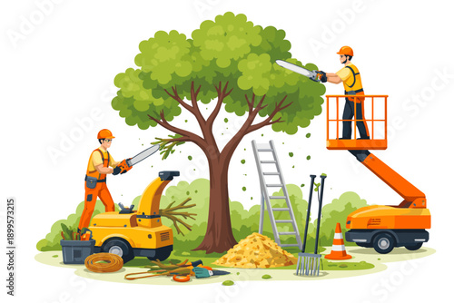 Professional arborists trimming tree branches with chainsaws and wood chipper equipment