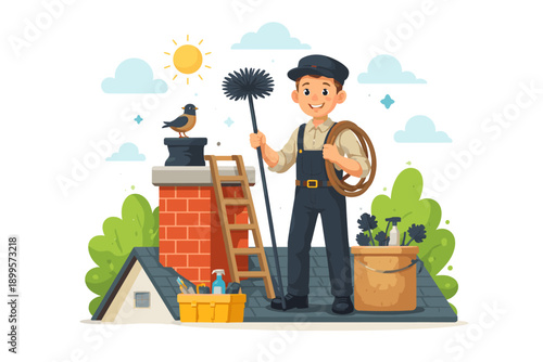 Smiling chimney sweep with brush and rope on rooftop under sunny sky
