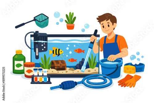 Boy cleaning a fish tank with aquarium supplies and equipment for maintenance