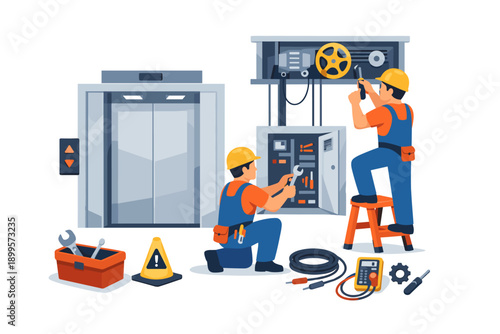 Elevator maintenance workers fixing machinery and control panel with tools and equipment