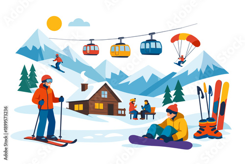 Winter mountain resort with skiers, snowboarders, and cable cars enjoying outdoor activities