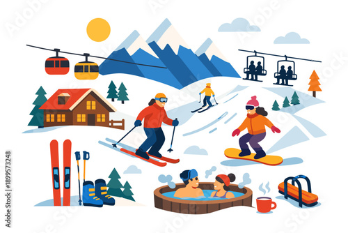 Winter mountain resort with skiing, snowboarding, and hot tub relaxation