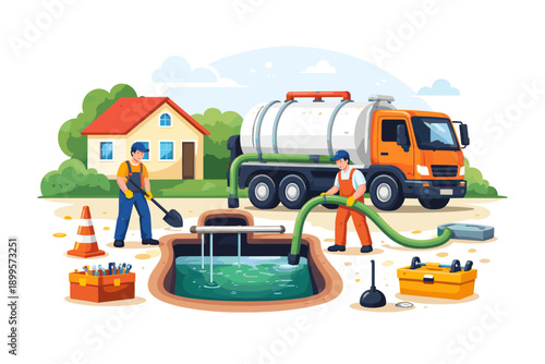 Septic tank cleaning service with truck and workers performing maintenance near a house