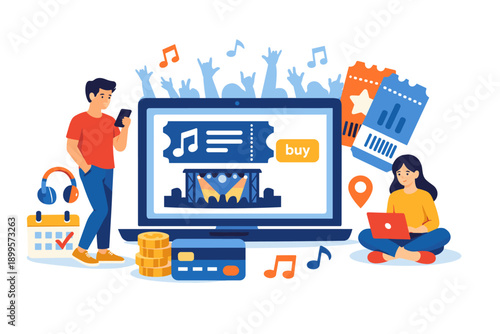 Online ticket purchase for concerts and events using digital devices and payment methods