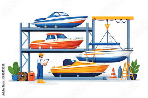 Marine storage facility with boats on racks and a worker inspecting them