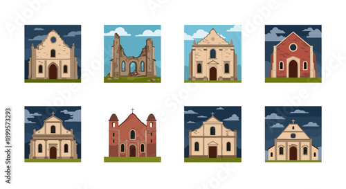 Collection of flat medieval church and cathedral designs featuring classic architectural styles