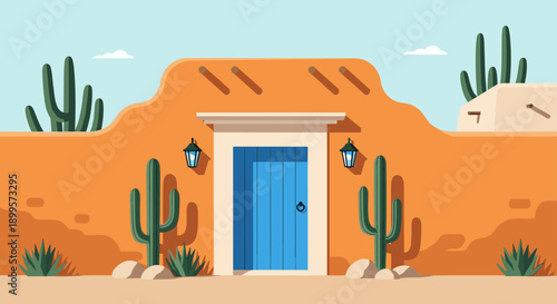 Desert scene with adobe house and blue door in flat design style