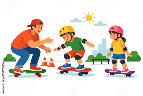 Father teaching children skateboarding in park, sunny day, outdoor activity