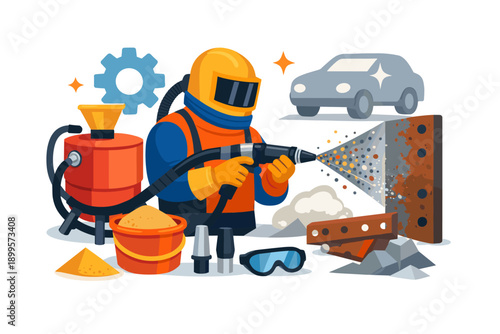 Sandblasting worker in protective gear cleans rusty surface with abrasive material and equipment