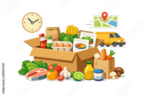 Grocery delivery service with a box full of fresh food and a delivery van on the background