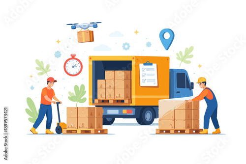 Delivery service workers loading and unloading packages from a truck with drone assistance