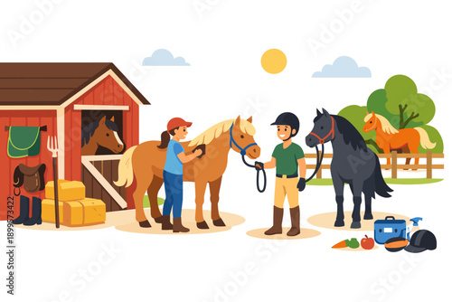 Children grooming horses at a sunny farm with a red barn and hay bales