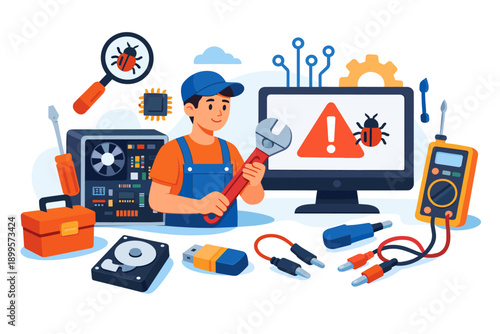 Computer technician fixing a bug on a monitor with tools and hardware components