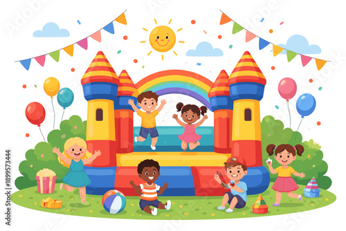Happy children jumping and playing on a colorful bouncy castle with rainbow and sun