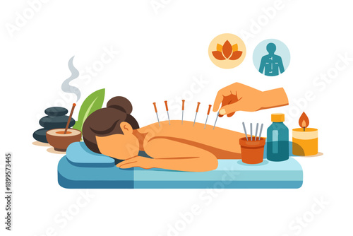 Acupuncture therapy session with needles inserted into a person's back for wellness