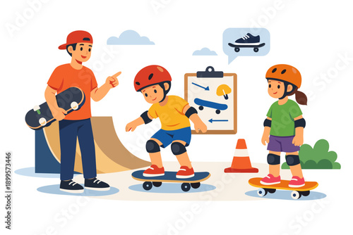 Skateboard instructor teaching children how to skate at a skatepark with safety gear
