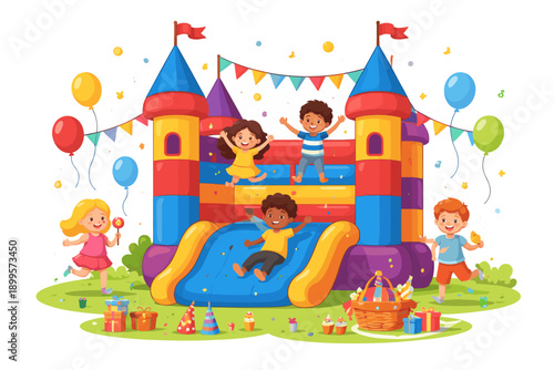 Joyful children bouncing and sliding on a colorful inflatable castle at a party