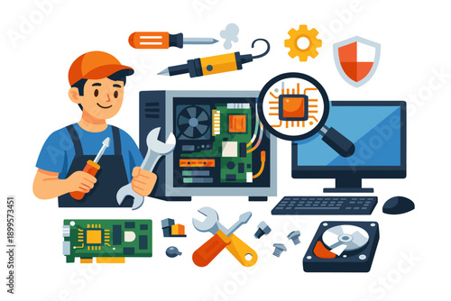 Computer technician fixing internal components with tools and magnifying glass