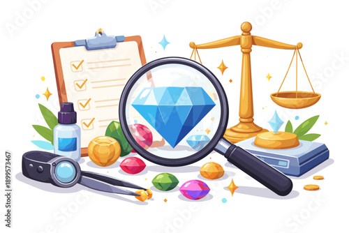 Gemstone appraisal and quality inspection with tools like loupe, scale, and checklist