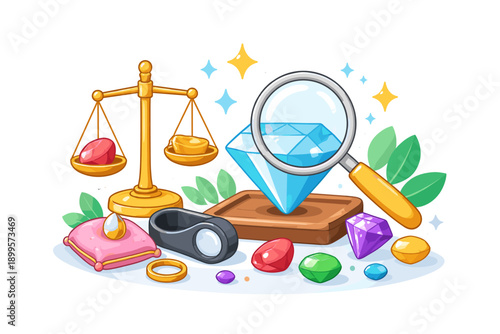 Gemstone appraisal and valuation with scales, magnifying glass, and precious stones