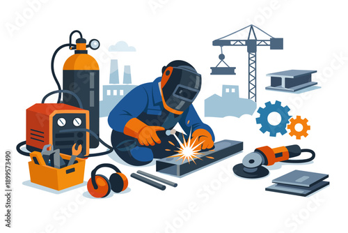 Skilled welder in protective gear working on metal beam with sparks flying, industrial setting