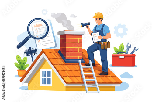 Chimney sweep inspects roof with tools and checklist, ensuring safety and efficiency