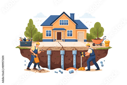 Construction workers reinforcing house foundation with concrete pilings and drilling equipment