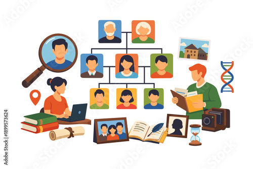 Genealogy research and family tree exploration with historical documents and photos