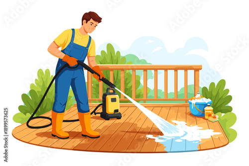 Man pressure washing a wooden deck with a hose and cleaning supplies nearby