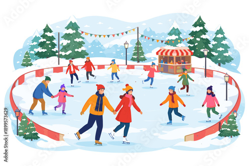 Diverse group of people enjoying ice skating on a festive winter rink with snowy trees