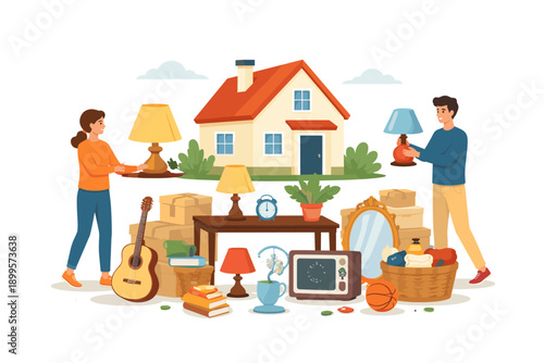 Couple moving into a new house with boxes and furniture, symbolizing home ownership