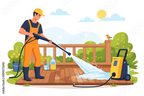 Man pressure washing a wooden deck outdoors on a sunny day with lush greenery