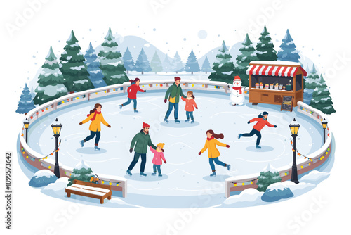 People enjoying ice skating on a festive outdoor rink surrounded by snow-covered pine trees