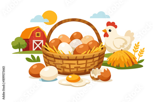 Farm fresh eggs in a basket with a hen and barn in the background