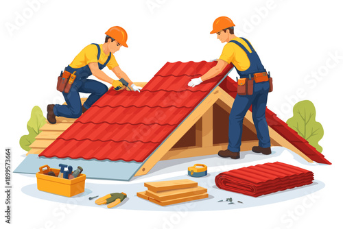 Construction workers installing red roof tiles on a house under renovation