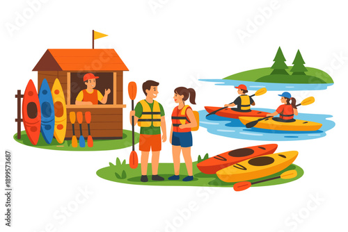 Kayaking adventure with rental station and people enjoying water sports on a sunny day