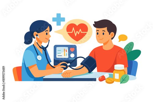 Doctor checks patient's blood pressure with stethoscope and monitor, heart health symbol