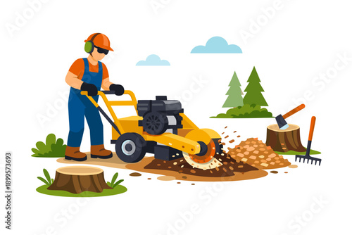 Arborist operating a stump grinder machine to remove tree stumps from the ground
