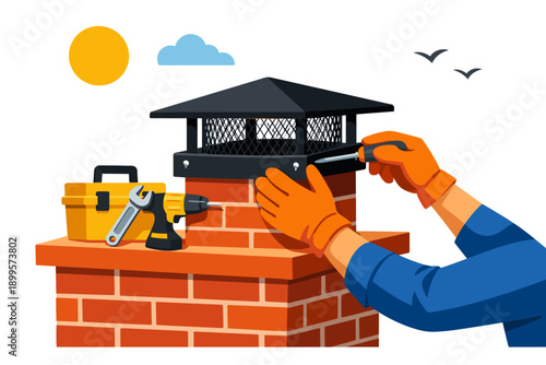 Chimney sweep installing a cap with tools and a drill on a sunny day