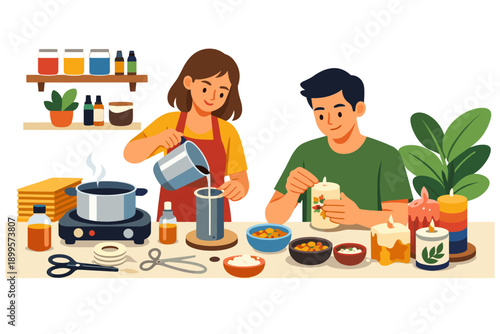 Couple enjoys making homemade candles together in a cozy crafting session