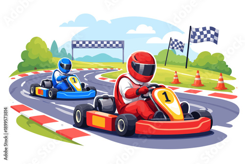 Two go-karts racing on a track with checkered flags and finish line in the background