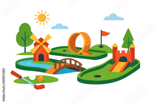 Mini golf course with windmill, castle, and loop-the-loop obstacles for outdoor fun