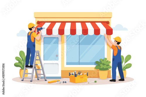 Workers installing a striped awning on a storefront, symbolizing business improvement and renovation
