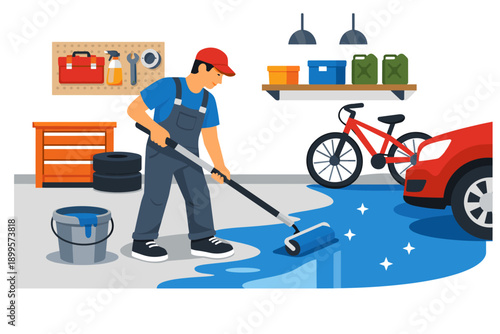 Garage worker painting floor with roller, car and bicycle nearby