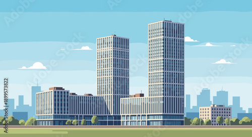 Modern urban skyline with tall buildings in flat style