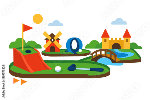 Mini golf course with whimsical obstacles like a windmill, loop, and castle